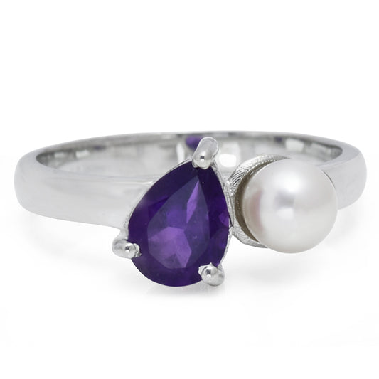 Silberring mit marokkanischem Amethyst und weißer Süßwasserperle