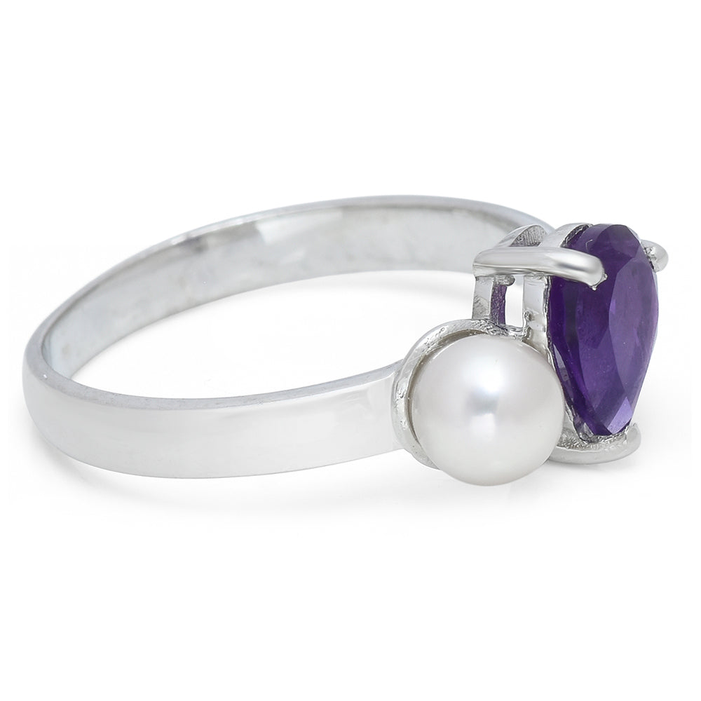 Silberring mit marokkanischem Amethyst und weißer Süßwasserperle