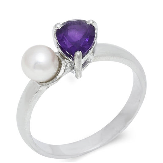 Silberring mit marokkanischem Amethyst und weißer Süßwasserperle