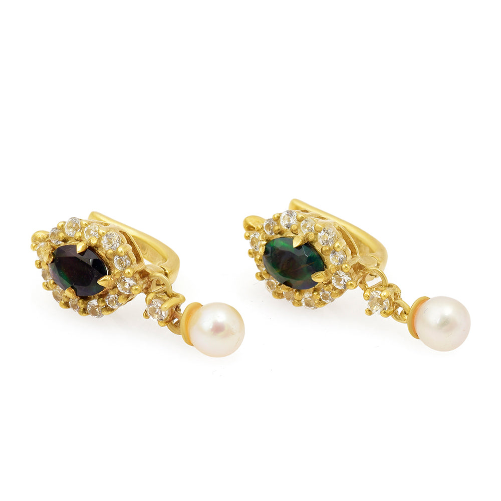 Goldplattierte Silberohrringe mit äthiopischem Opal aus Lega Dembi und weißer Süßwasserperle