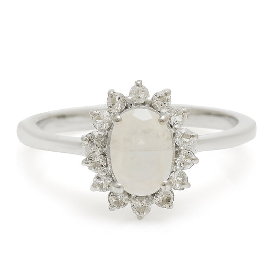 Silberring mit Regenbogenmondstein und weißem Topas