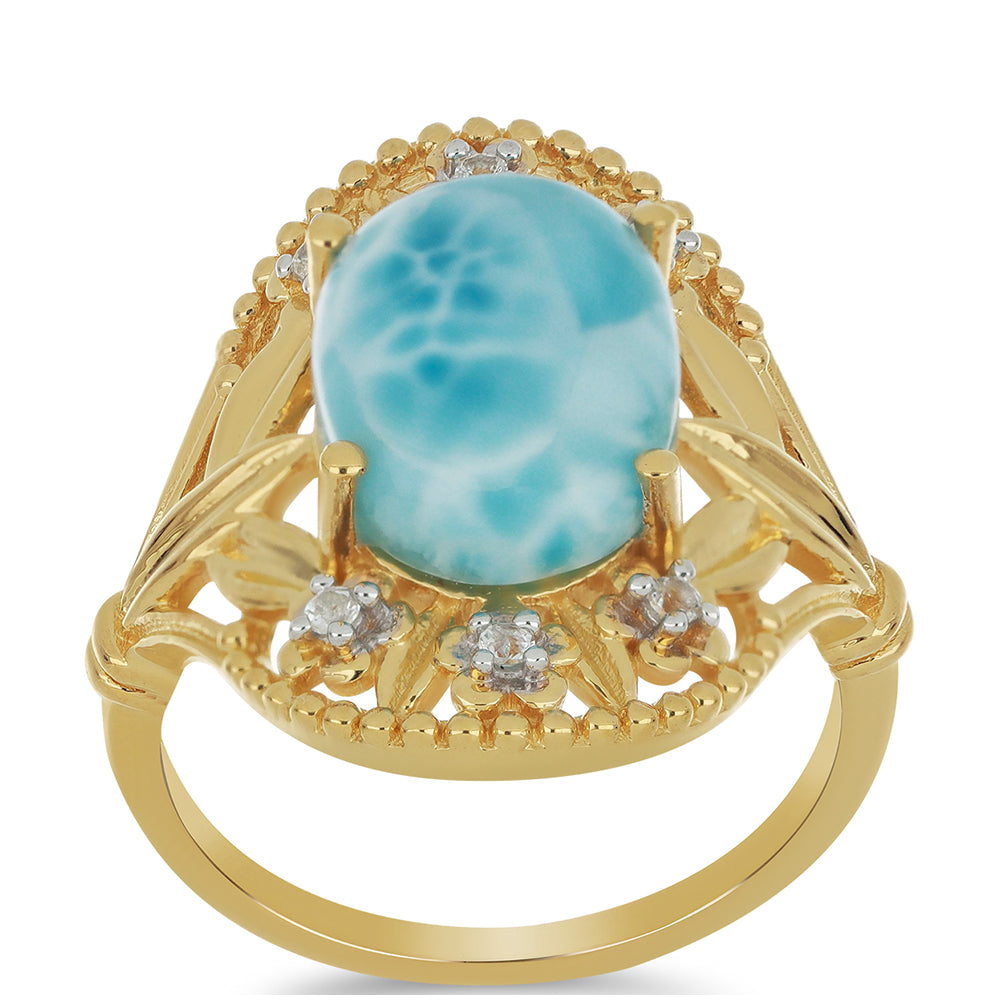 Goldplattierter Silberring mit Larimar und weißem Topas