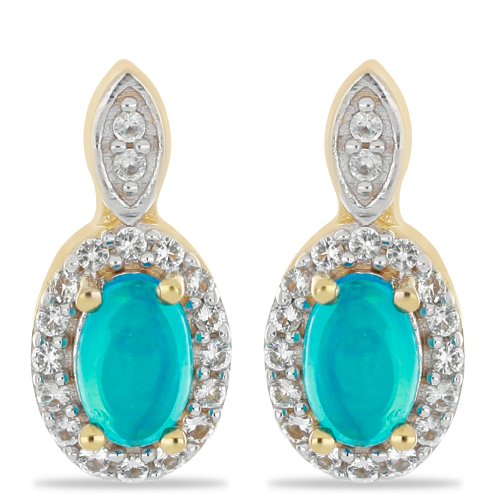 Goldplattierte Silberohrringe mit äthiopischem Paraiba-Blauopal und weißem Topas