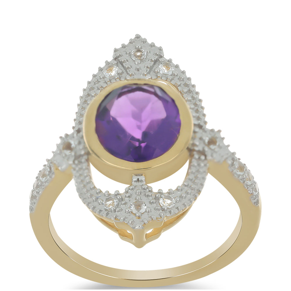 Goldplattierter Silberring mit marokkanischem Amethyst und weißem Topas