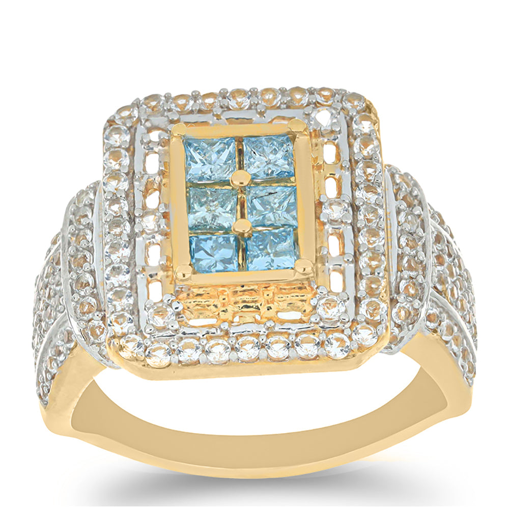 Goldplattierter Silberring mit blauem Diamant und weißem Topas