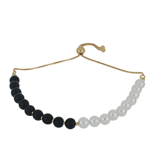 Goldplattiertes Silberarmband mit Obsidian und weißer Süßwasserperle