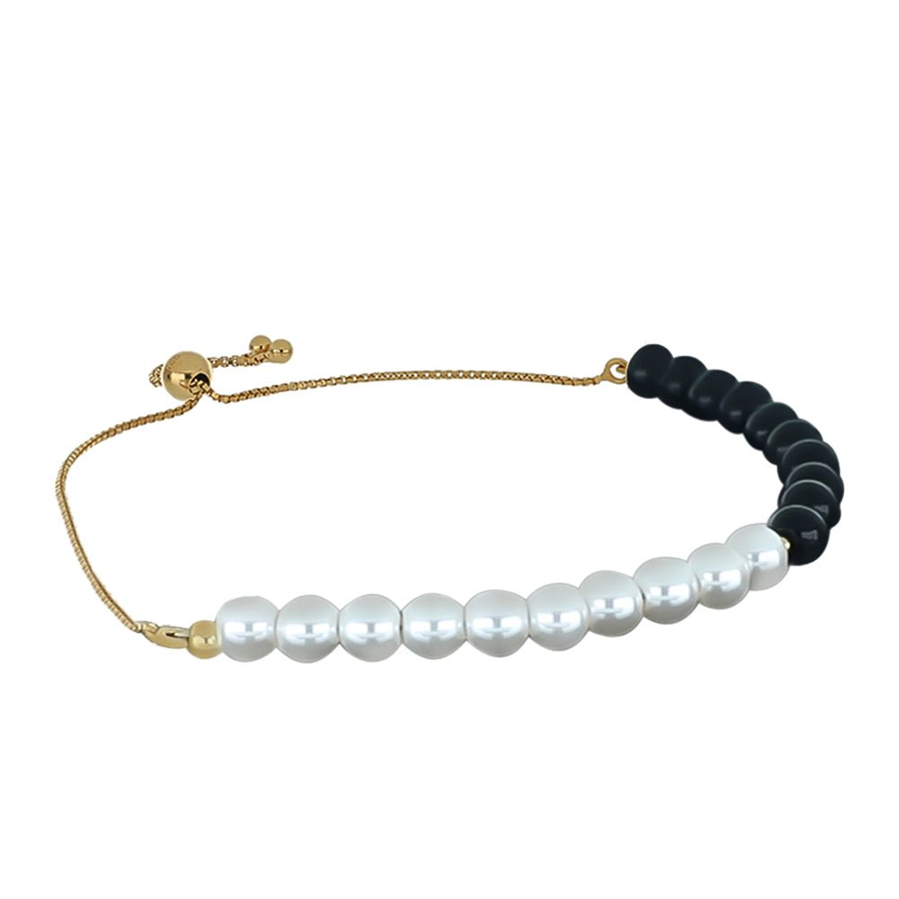 Goldplattiertes Silberarmband mit Obsidian und weißer Süßwasserperle 2 