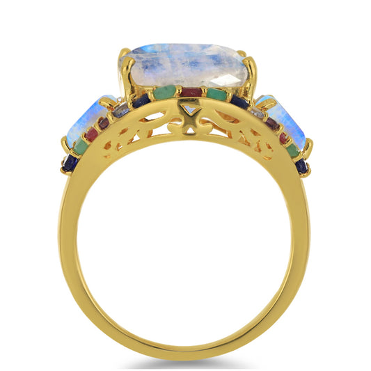 Goldplattierter Silberring mit Regenbogenmondstein und Tansanit