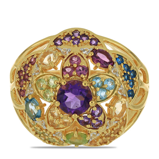 Goldplattierter Silberring mit Rhodolith aus Moatize und Zitrin aus dem Ural