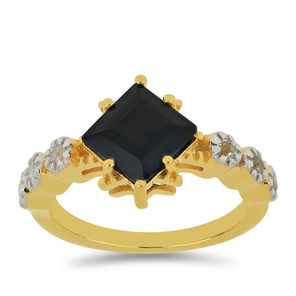 Goldplattierter Silberring mit schwarzem Spinell und weißem Topas