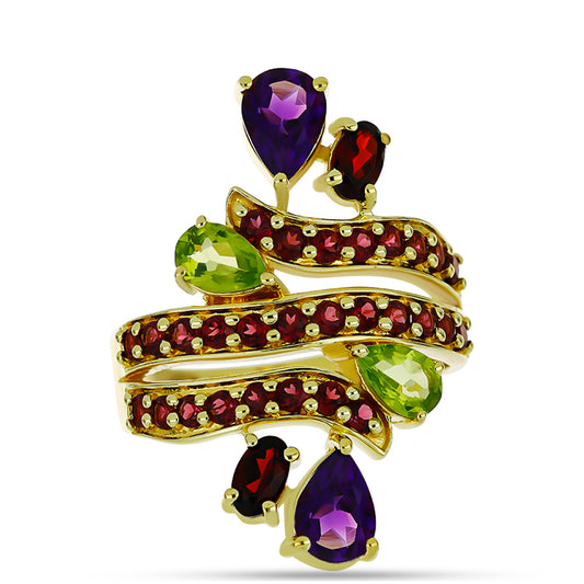 Goldplattierter Silberring mit marokkanischem Amethyst und Peridot aus Changbai