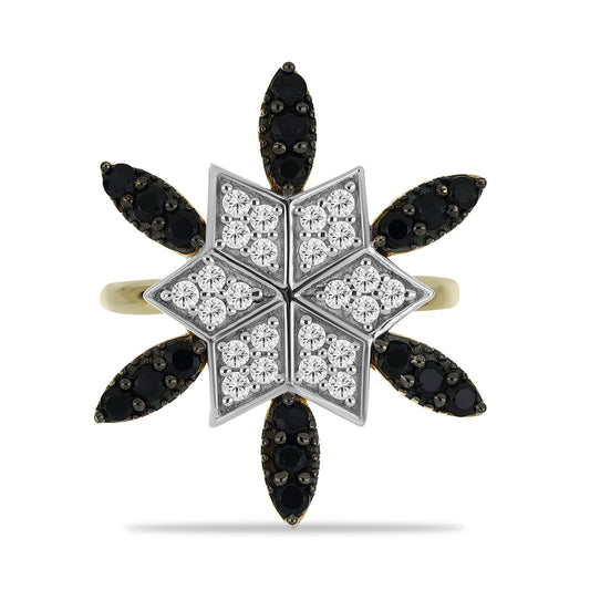 Goldplattierter Silberring mit schwarzem Spinell und weißem Topas
