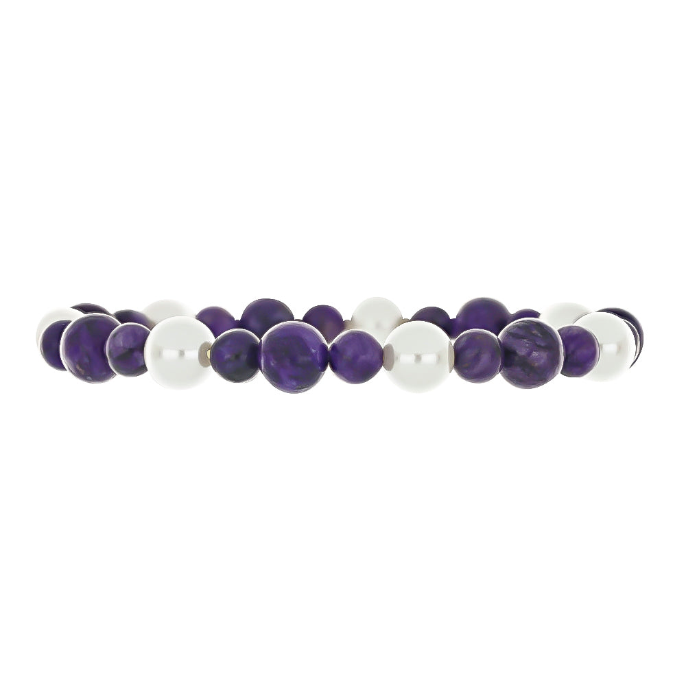 Nugget Armband mit Charoit und weißer Süßwasserperle