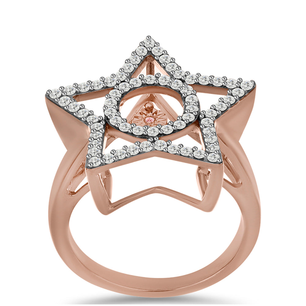 Rosevergoldeter Silberring mit rosafarbenem tanzendem Diamanten und weißem Topas 3 
