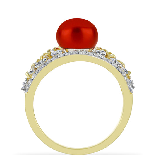 Goldplattierter Silberring mit roter Süßwasserperle und weißem Topas