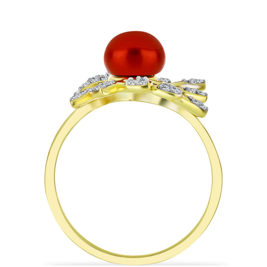 Goldplattierter Silberring mit roter Süßwasserperle und weißem Topas