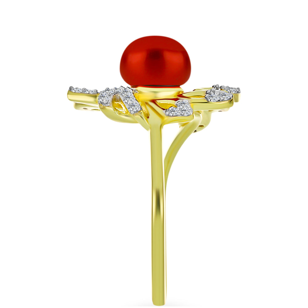Goldplattierter Silberring mit roter Süßwasserperle und weißem Topas 4 