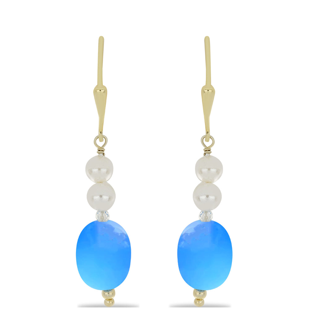 Goldplattierte Silberohrringe mit Aqua-Chalcedon und weißem Quarz