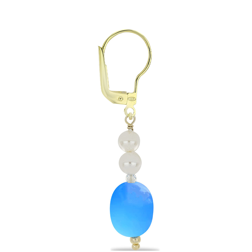 Goldplattierte Silberohrringe mit Aqua-Chalcedon und weißem Quarz