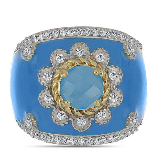 Goldplattierter Silberring mit Aqua-Chalcedon und weißem Topas