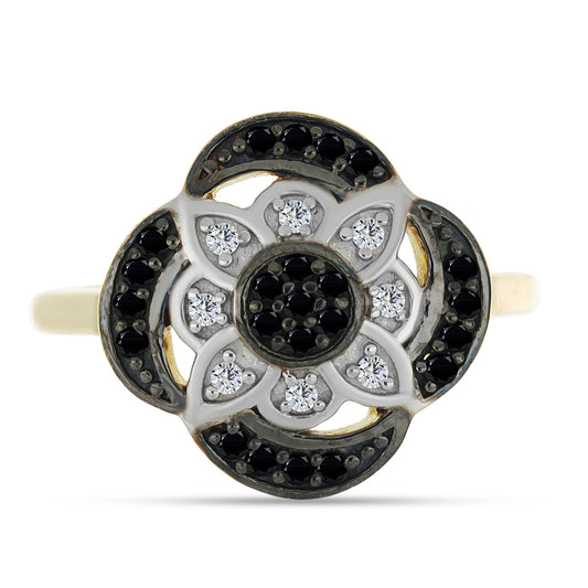 Goldplattierter Silberring mit schwarzem Spinell und weißem Topas