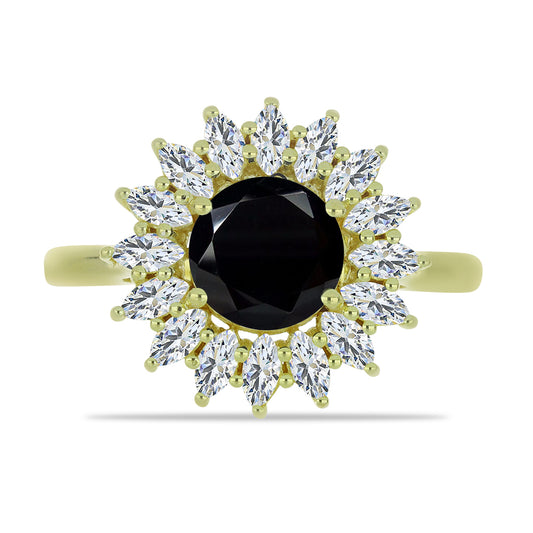 Goldplattierter Silberring mit schwarzem Spinell und weißem Topas