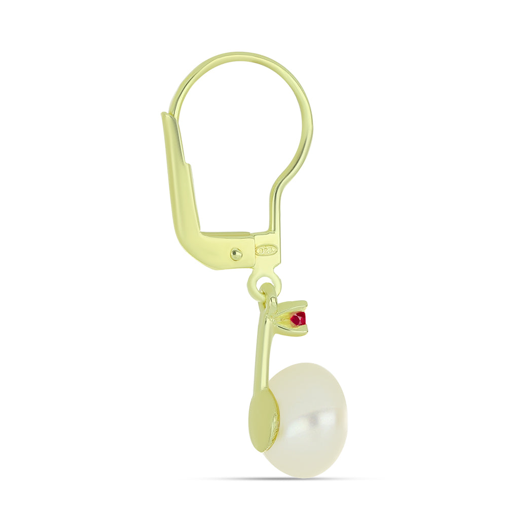 Goldplattierte Silberohrringe mit weißer Süßwasserperle und Rubin aus Madagaskar 2 