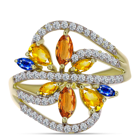 Goldplattierter Silberring mit regenbogenfarbenem Rosebery Saphir und weißem Topas