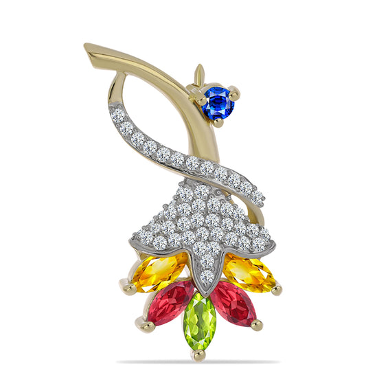 Goldplattierte Silberbrosche mit regenbogenfarbenem Rosebery Saphir und weißem Topas