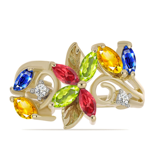 Goldplattierter Silberring mit regenbogenfarbenem Rosebery Saphir und weißem Topas
