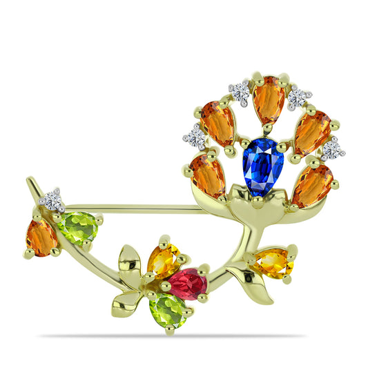 Goldplattierte Silberbrosche mit regenbogenfarbenem Rosebery Saphir und weißem Topas