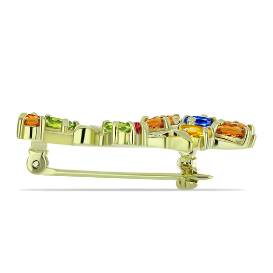 Goldplattierte Silberbrosche mit regenbogenfarbenem Rosebery Saphir und weißem Topas