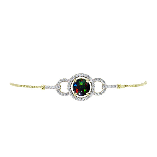 Goldplattiertes Silberarmband mit mitternachtsschwarzem äthiopischen Opal aus Lega Dembi und weißem Topas