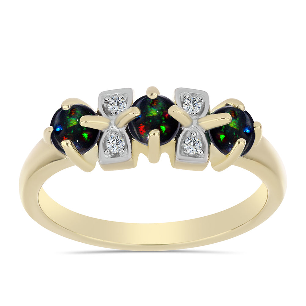 Goldplattierter Silberring mit mitternachtsschwarzem äthiopischen Opal aus Lega Dembi und weißem Topas 3 