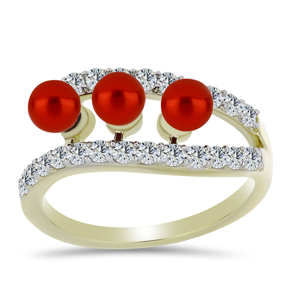 Goldplattierter Silberring mit roter Süßwasserperle und weißem Topas 3 
