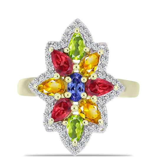 Goldplattierter Silberring mit regenbogenfarbenem Rosebery Saphir und weißem Topas