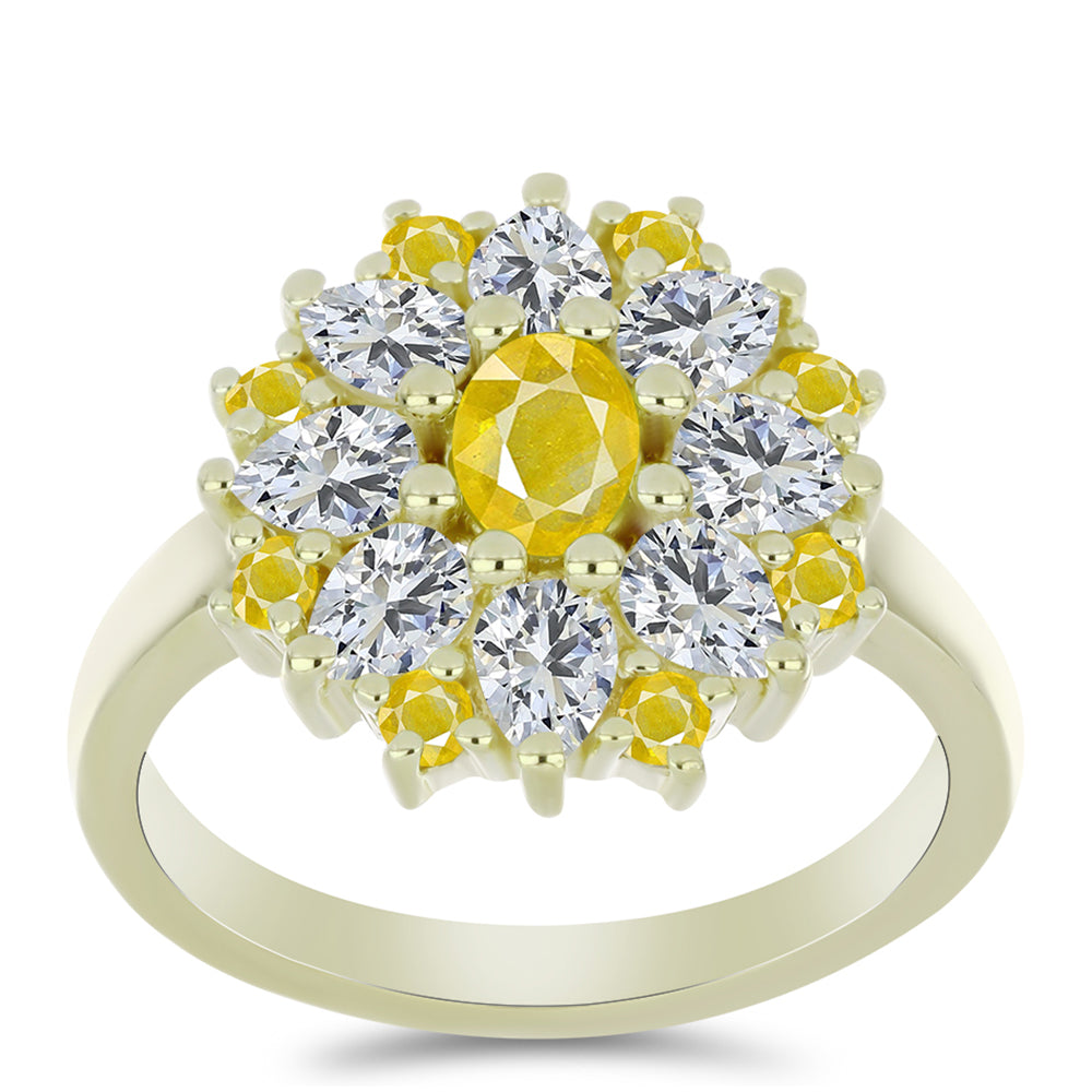 Goldplattierter Silberring mit gelbem Rosebery Saphir und weißem Topas