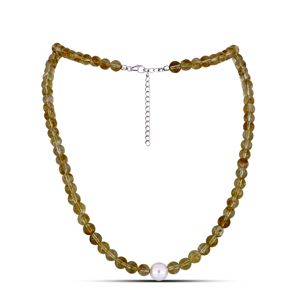 Silberhalskette mit Zitrin aus dem Ural und weißer Süßwasserperle 1 