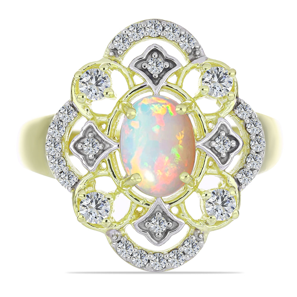Goldplattierter Silberring mit äthiopischem Opal aus Lega Dembi und weißem Topas