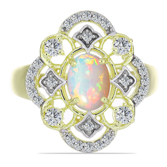 Goldplattierter Silberring mit äthiopischem Opal aus Lega Dembi und weißem Topas