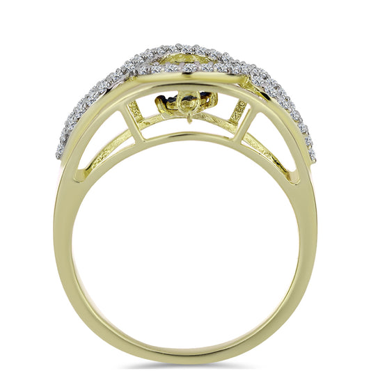 Goldplattierter Silberring mit blauem tanzendem Diamanten und weißem Topas