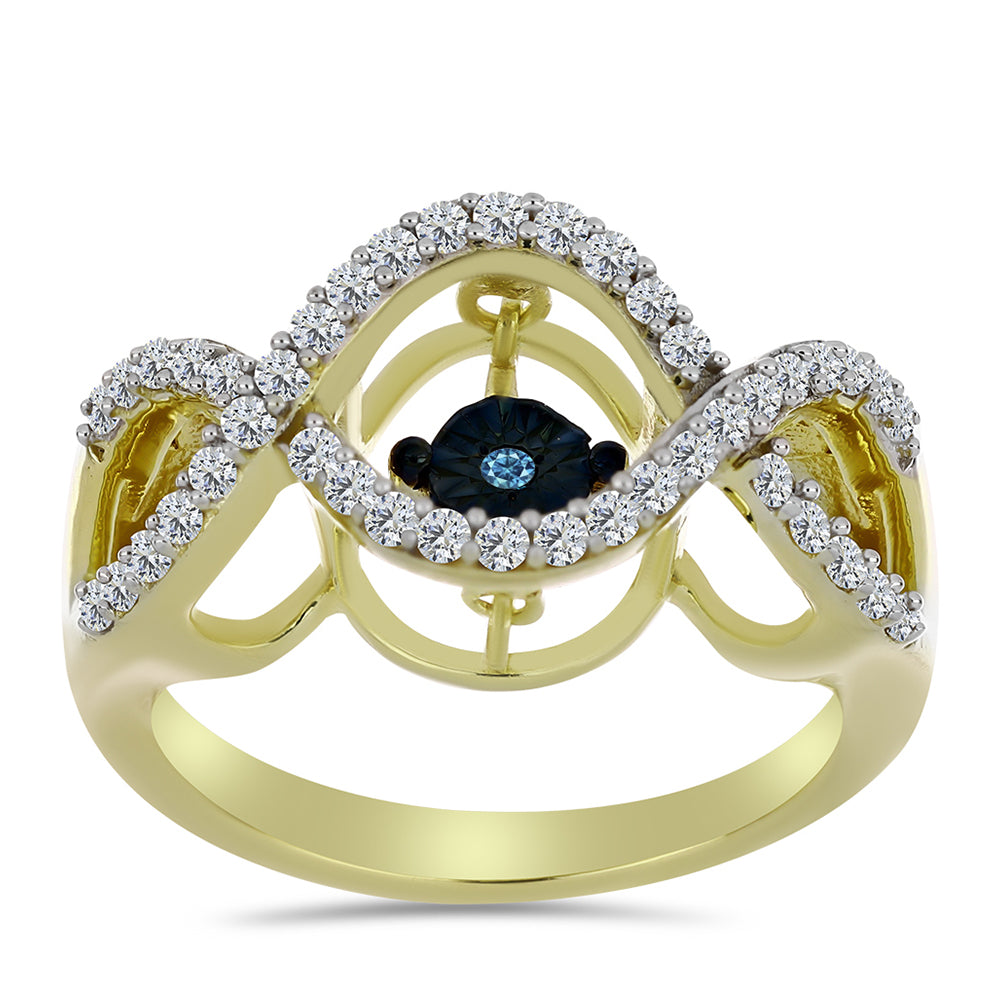 Goldplattierter Silberring mit blauem tanzendem Diamanten und weißem Topas