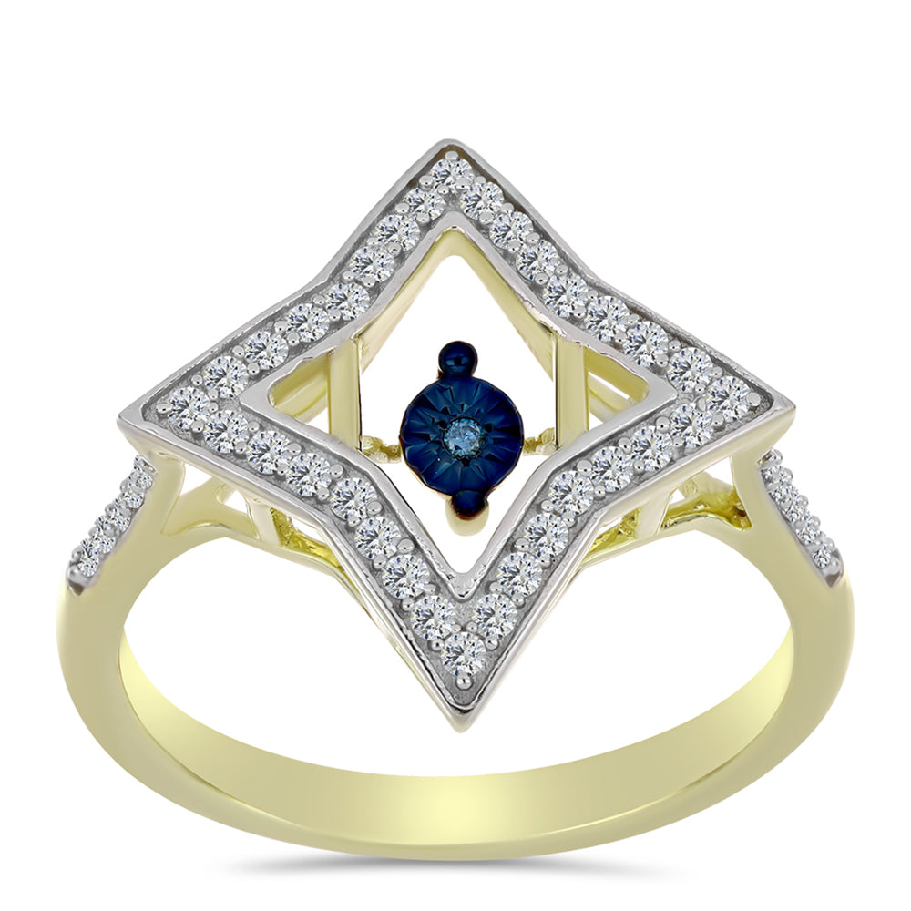 Goldplattierter Silberring mit blauem tanzendem Diamanten und weißem Topas