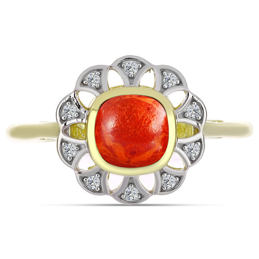 Goldplattierter Silberring mit roter Schwammkoralle und weißem Topas