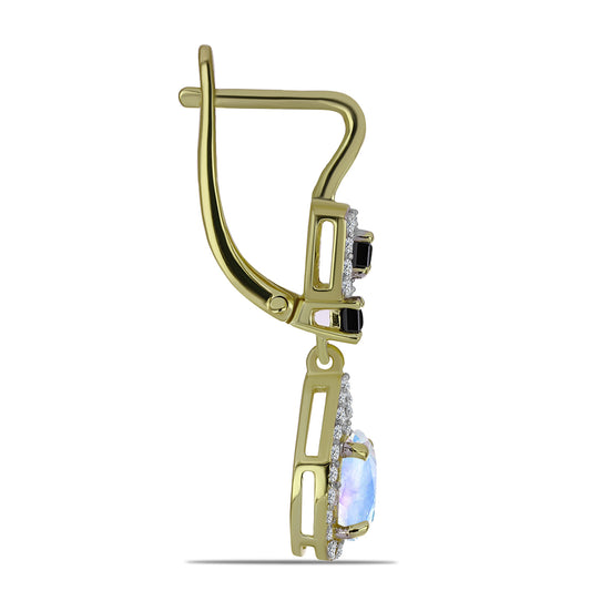 Goldplattierte Silberohrringe mit Regenbogenmondstein und schwarzem Spinell