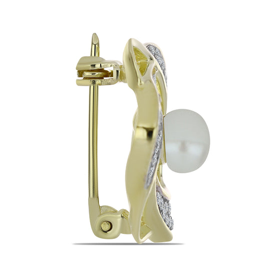 Goldplattierte Silberbrosche mit weißer Süßwasserperle und weißem Topas