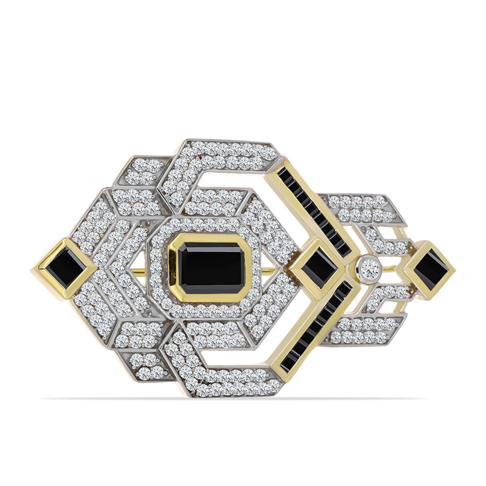 Goldplattierte Silberbrosche mit schwarzem Onyx und weißem Topas