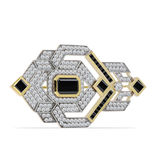 Goldplattierte Silberbrosche mit schwarzem Onyx und weißem Topas
