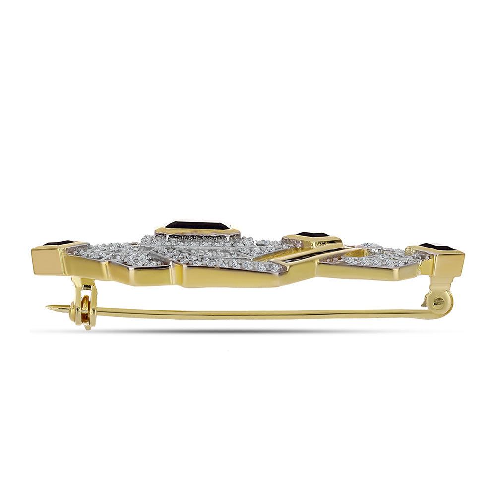 Goldplattierte Silberbrosche mit schwarzem Onyx und weißem Topas 2 