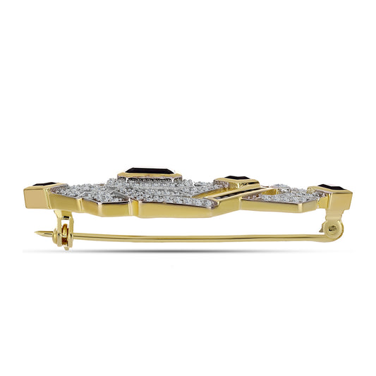 Goldplattierte Silberbrosche mit schwarzem Onyx und weißem Topas